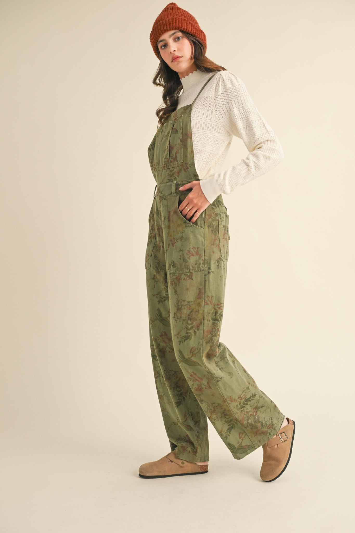 OLIVE VINTAGE WIDE LEG OVERALLS